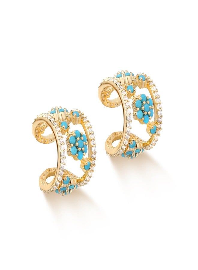 MYEARS Women Ear Cuff Earrings Gold Non Pierced Cartilage Clip on Open Wrap Trio Flower Hoop Turquoise Cubic Zirconia 14K Gold Plated Simple Hypoallergenic Everyday Jewelry - Image 1